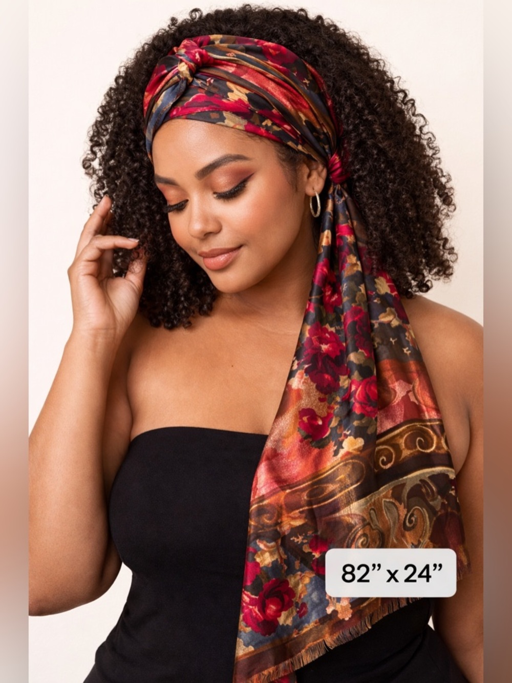 Baroque Floral Satin Shawl Scarf 82X24 Vintage Style- Y2K - Picture 1 of 4